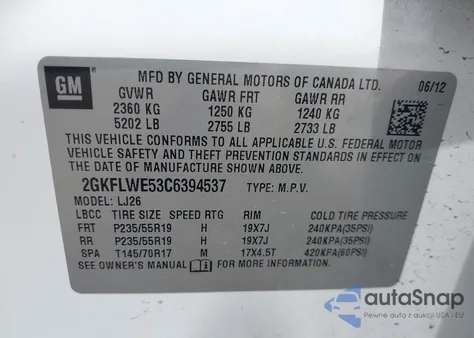 2012 GMC Terrain Slt-2 из США, поврежденный, VIN 2GKFLWE53C6394537